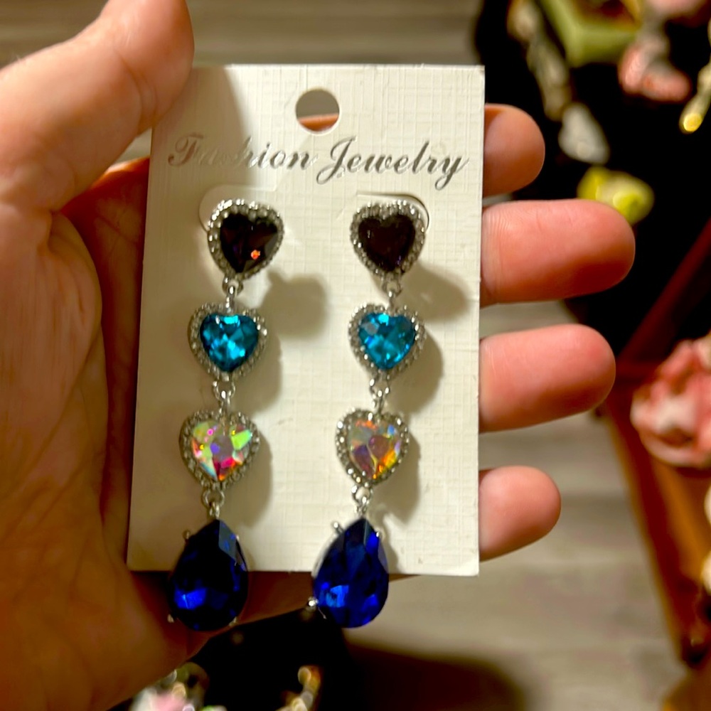 Blue Heart Dangle Earrings New